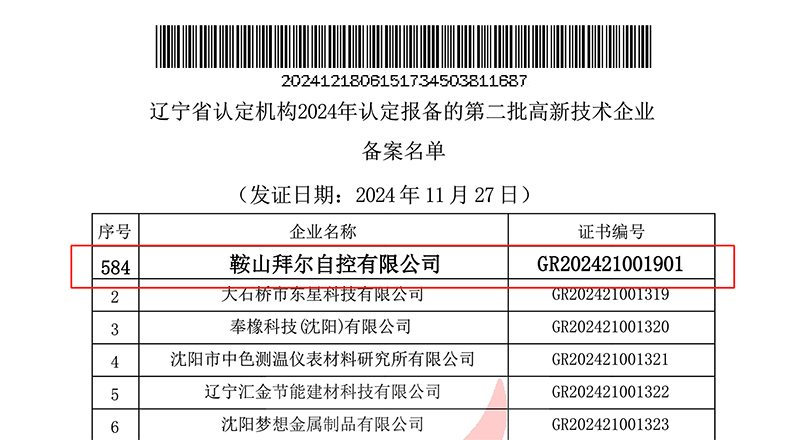 熱烈祝賀鞍山拜爾自控有限公司通過“高新技術企業”復審